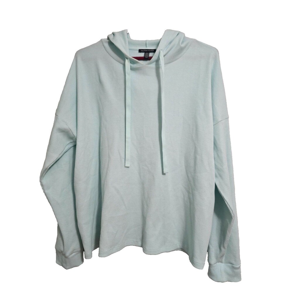 EILEEN FISHER Cozy Waffle Knit Hooded Top Sz Medium Boxy Fit Basic Length